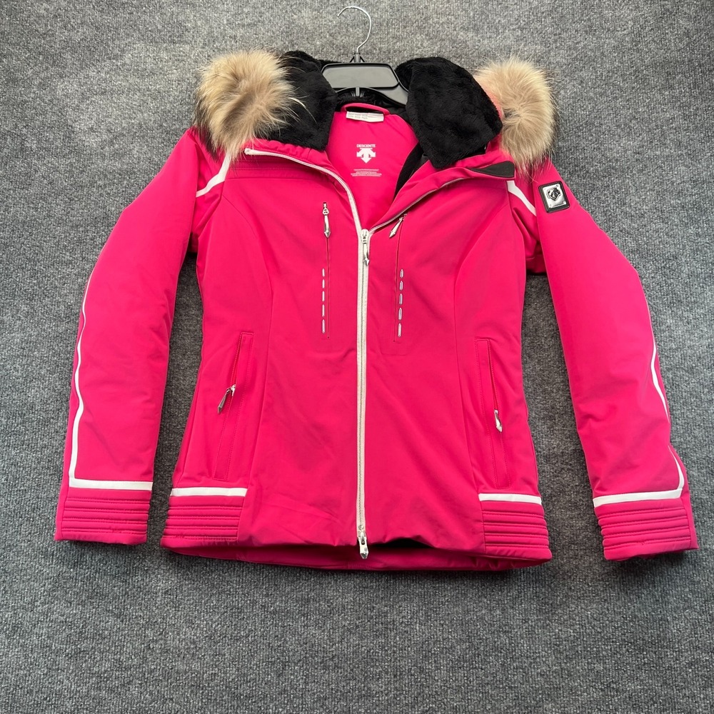 Descente Luxury Women's Ski Jacket Size 2 XXS Pink Heat Navi Real Fur Trim Hood